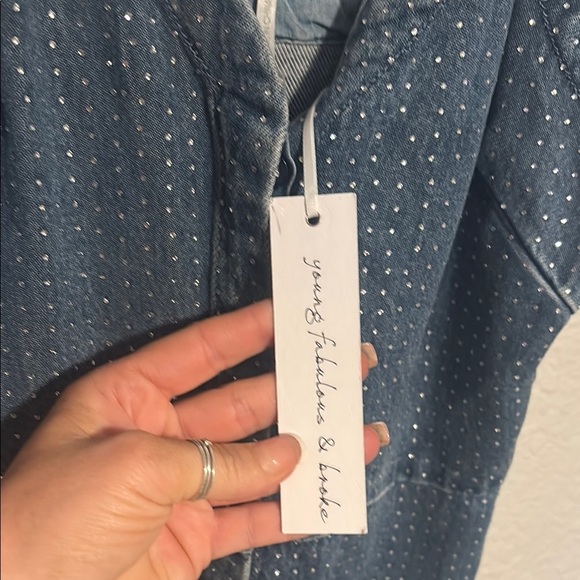 NEW YOUNG FABULOUS & BROKE DENIM RHINESTONE WINSLOW MINI DRESS - Picture 9 of 12